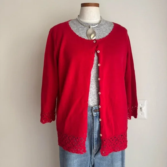 Cherry Red Crochet Cardigan Short Sleeve XL - Picture 4 of 6